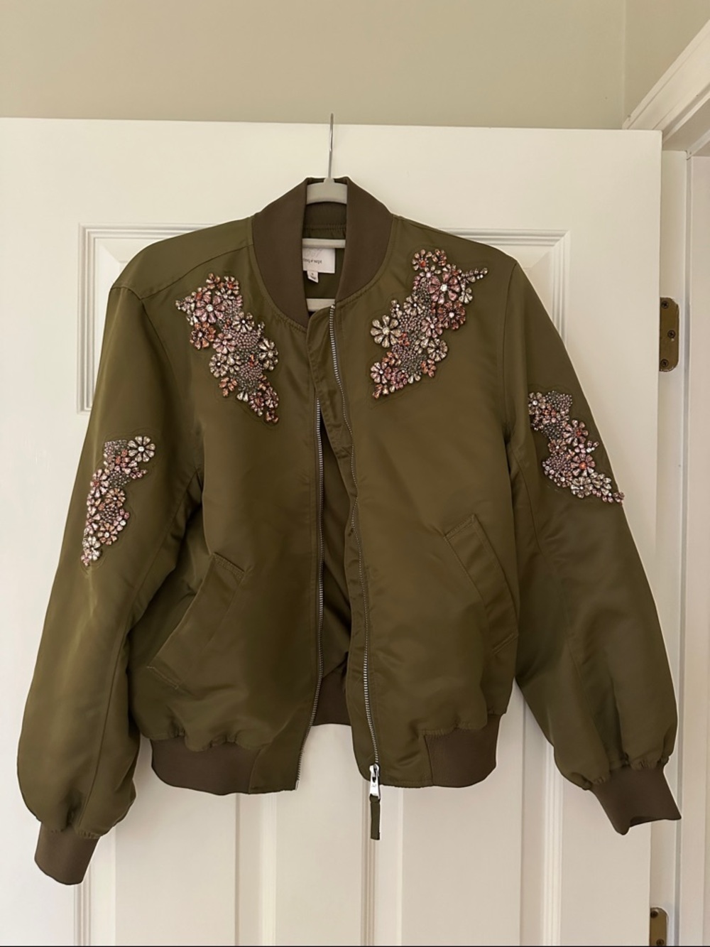 cinq a sept Olive Green Bomber Jacket with Beaded Floral Embellishment